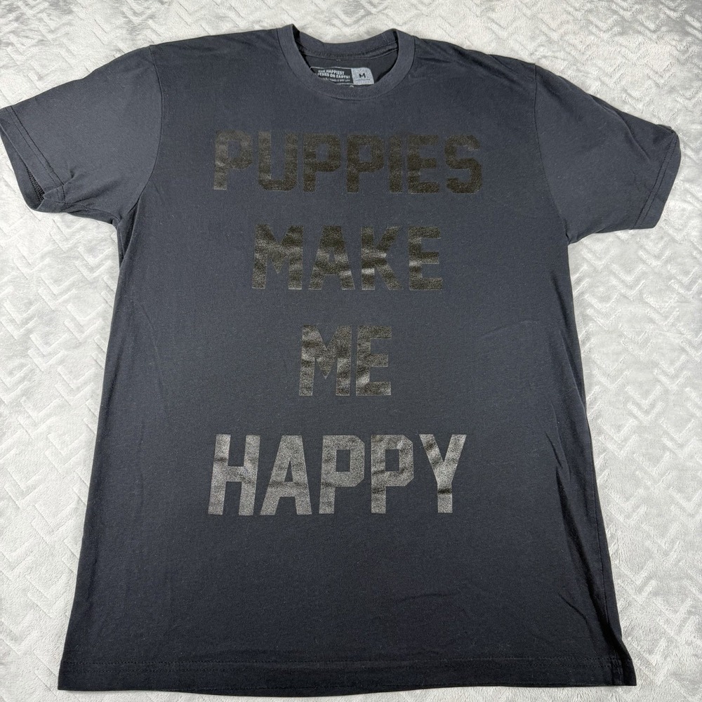 Puppies Make Me Happy Women's Graphic Tee Shirt Size M Black Dog Lover Apparel